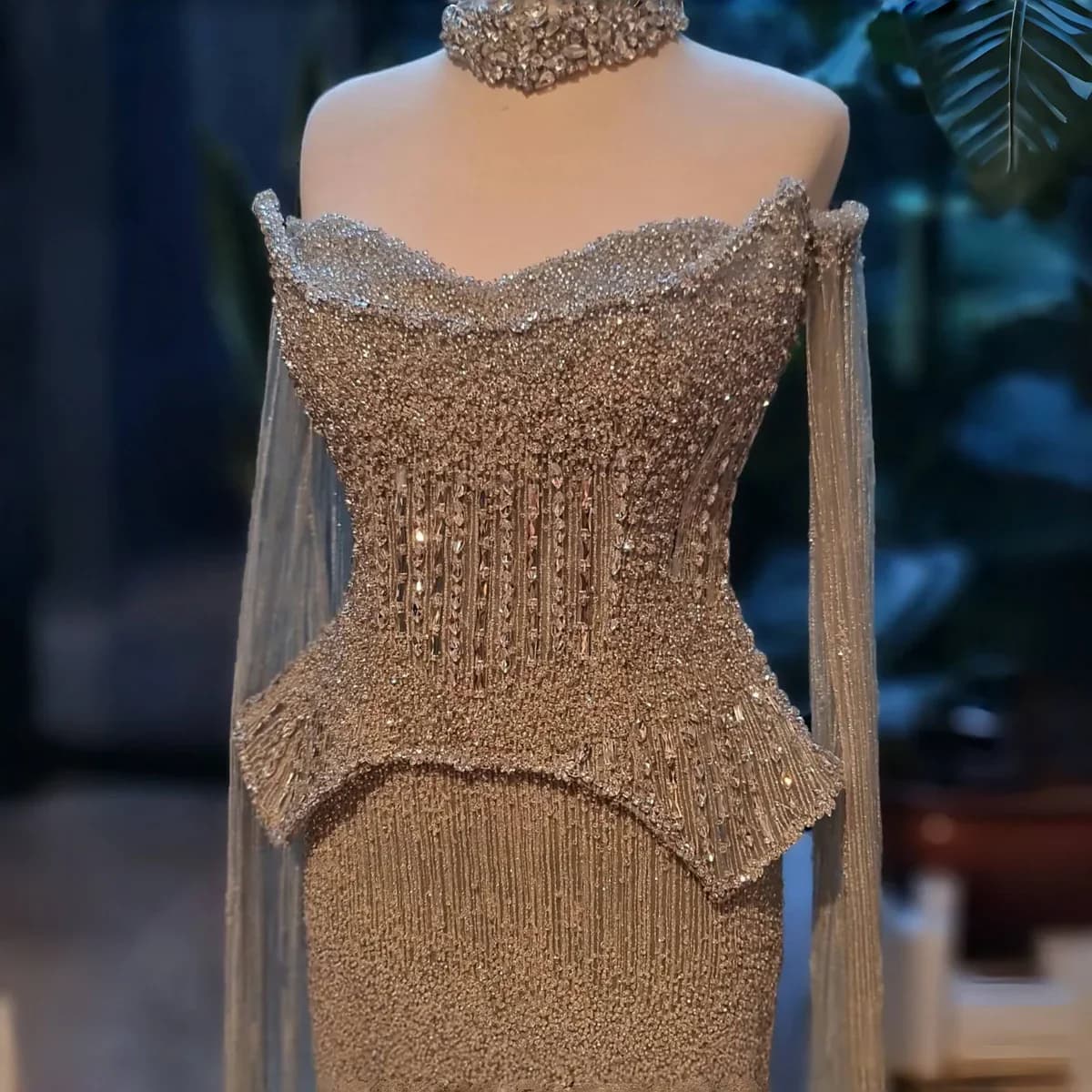 Serene Hill 2025 Customized Gray Crystal Beaded Evening Dress with Cape Sleeves Off Shoulder Wedding Party Gown LA73076