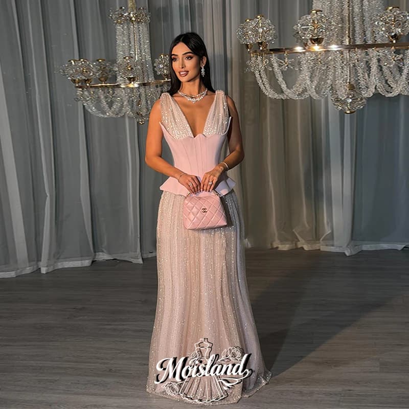 MOISLAND Customized Pink Sequined Evening Dress Spaghetti Strap Elegant Floor length Prom Dresses Women's Formal Gown