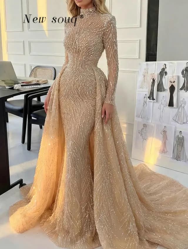 Champagne Heavy Beaded High Neck Long Sleeves Evening Dresses With Detachable Train Customized Dubai Wedding Night Prom Gowns