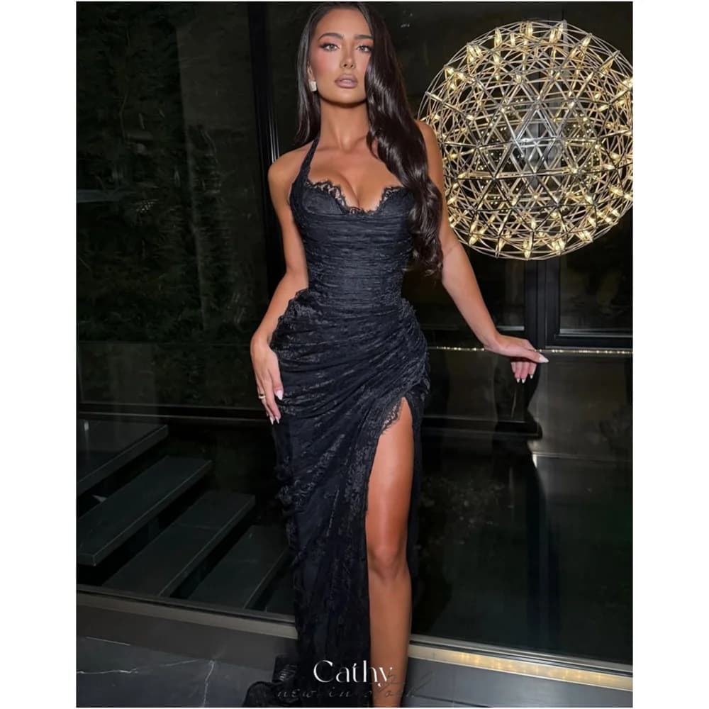 Cathy Customized Black Halter Lace Pleats Prom Dress Side High Split Sleeveless vestidos de noiva Floor-length Evening Dresses