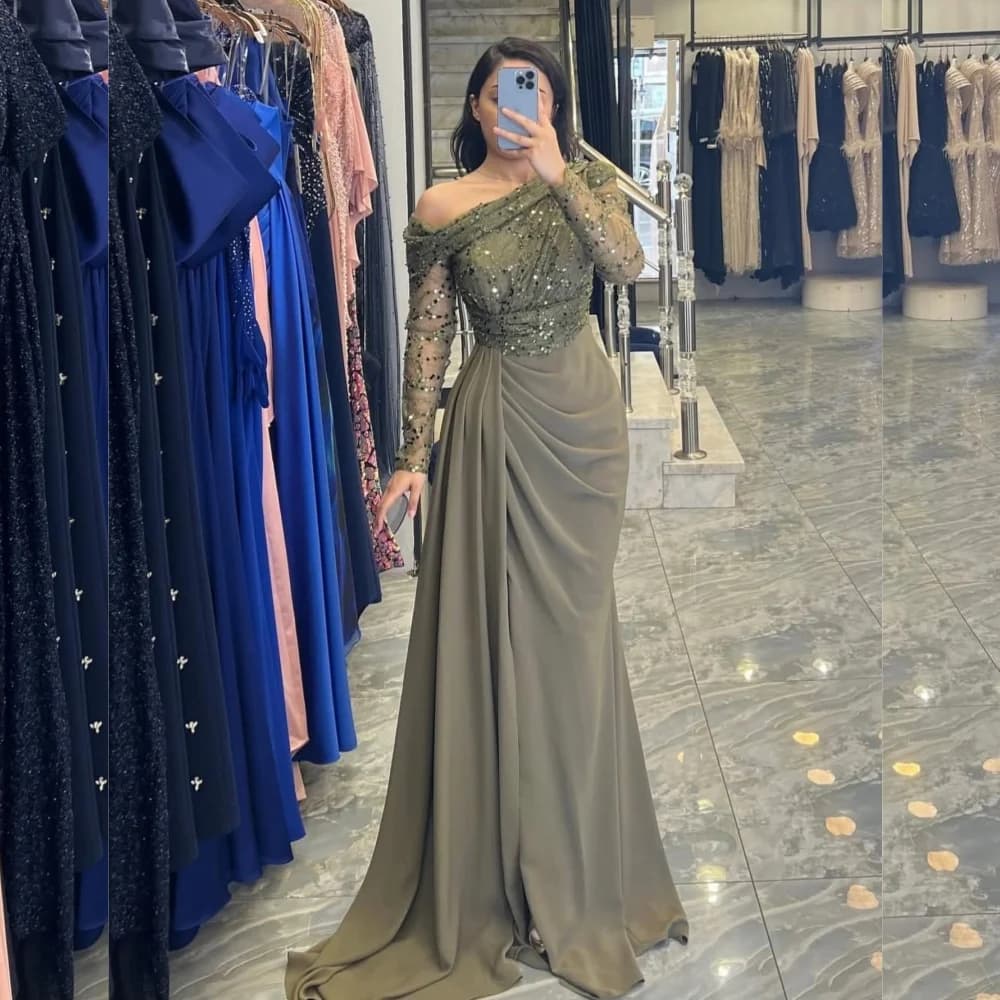 Customized Jersey Sequined Pleat Off-the-shoulder Trumpet Long Dresses Bespoke Occasion Classic Sparkle Luxury Evening Dress