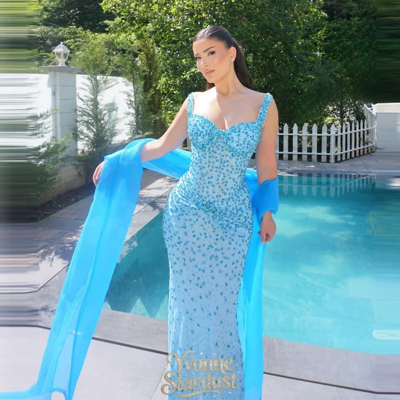 Yvonne Prom Gown 2026 Luxury Blue Diamond Halter Elegant Evening Dress With Cape For Formal Occasion Party Dress Customized