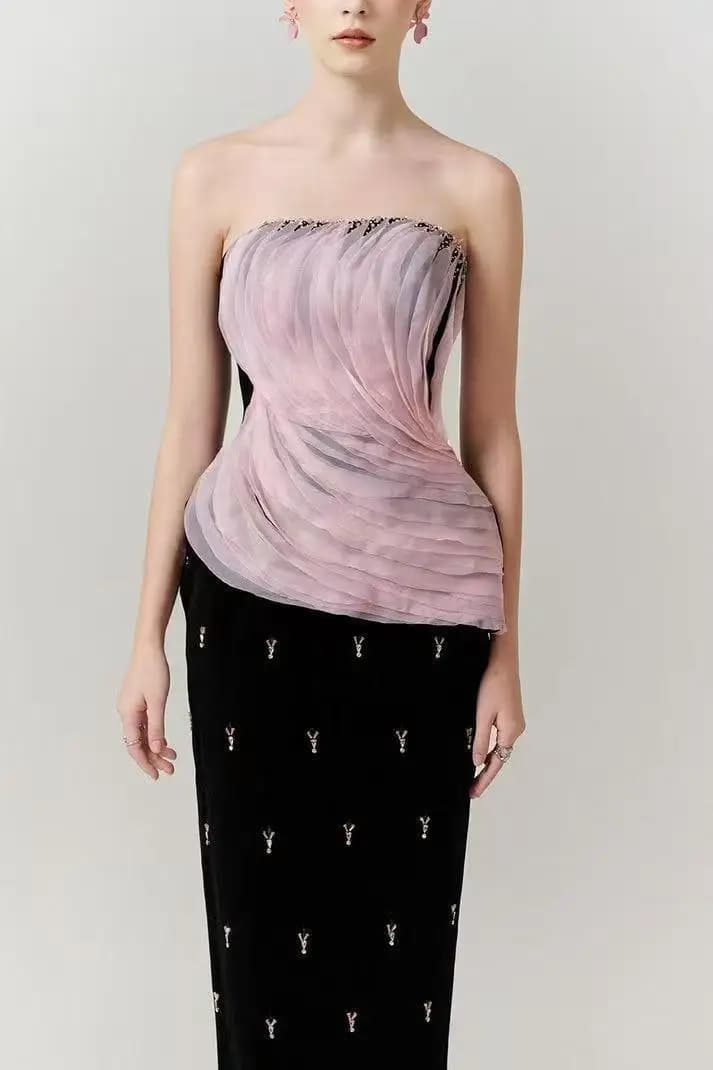 Customized Evening Dress Strapless Pink Pleated Tulle Overlay Black Velvet Midi Dress with All-Over Crystal Y-Shaped Embellishme