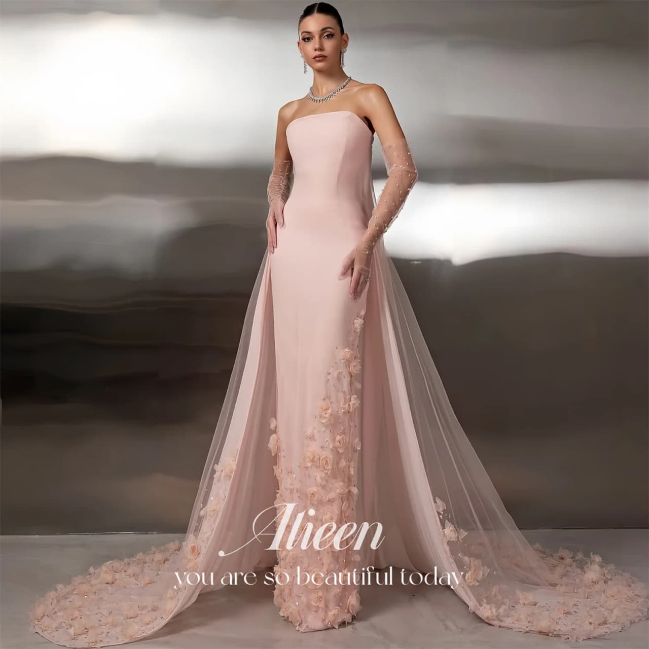 Evening Dress Women European Pink Tulle Strapless Mermaid Flowers Formal Aileen Sleeveless Floor-Length 2026 New Customized