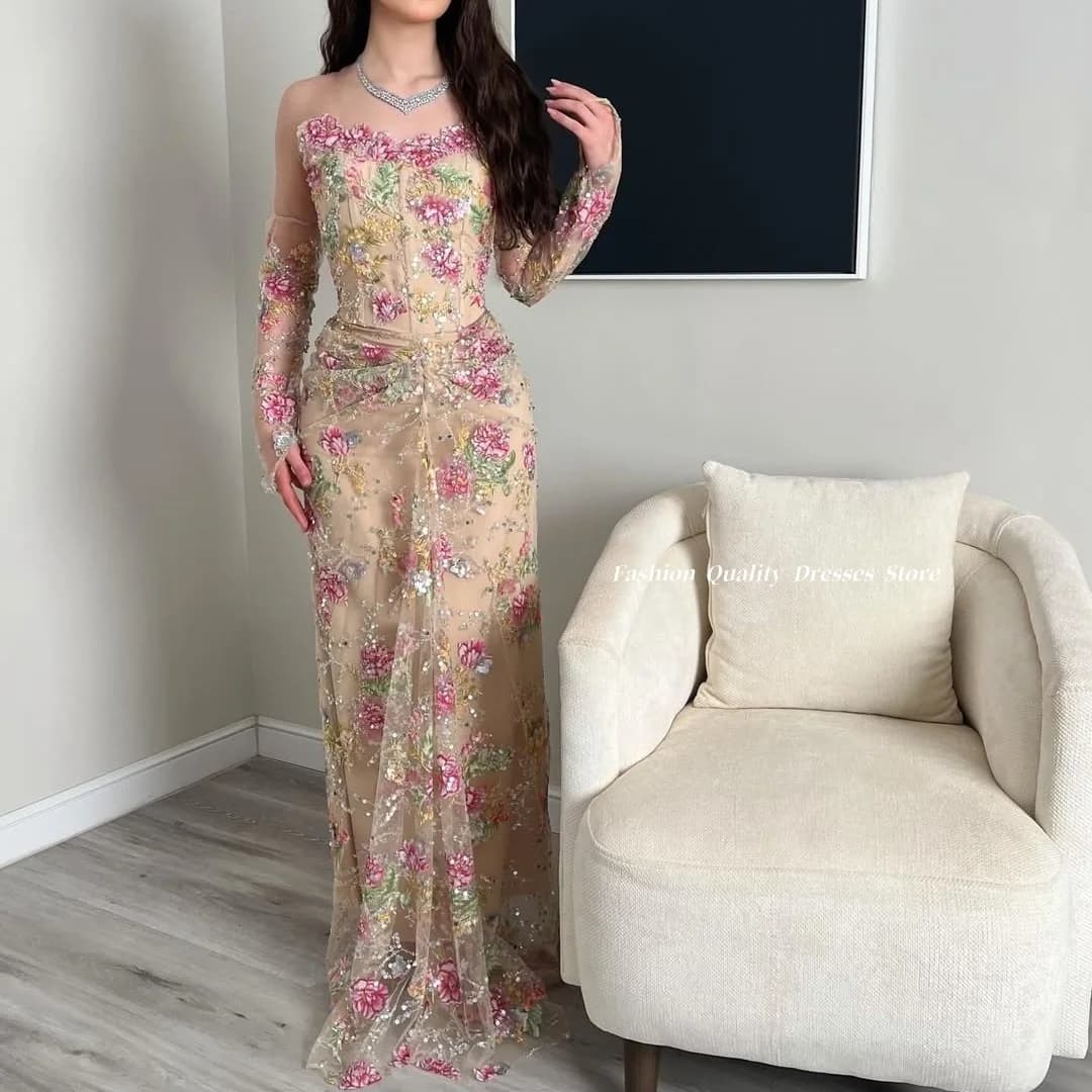 Evening Dresses 2026 Nude Floral Appliques Sequin Mermaid Strapless Long Sleeve Formal Party Prom Gowns for Women Customized