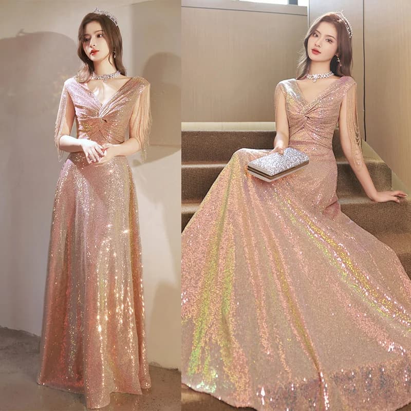 It's Yiiya Customized Evening Dress Deep V-Neck Sequins A-Line Floor-Length Zipper Back Plus size Woman Party Formal Gown A2864