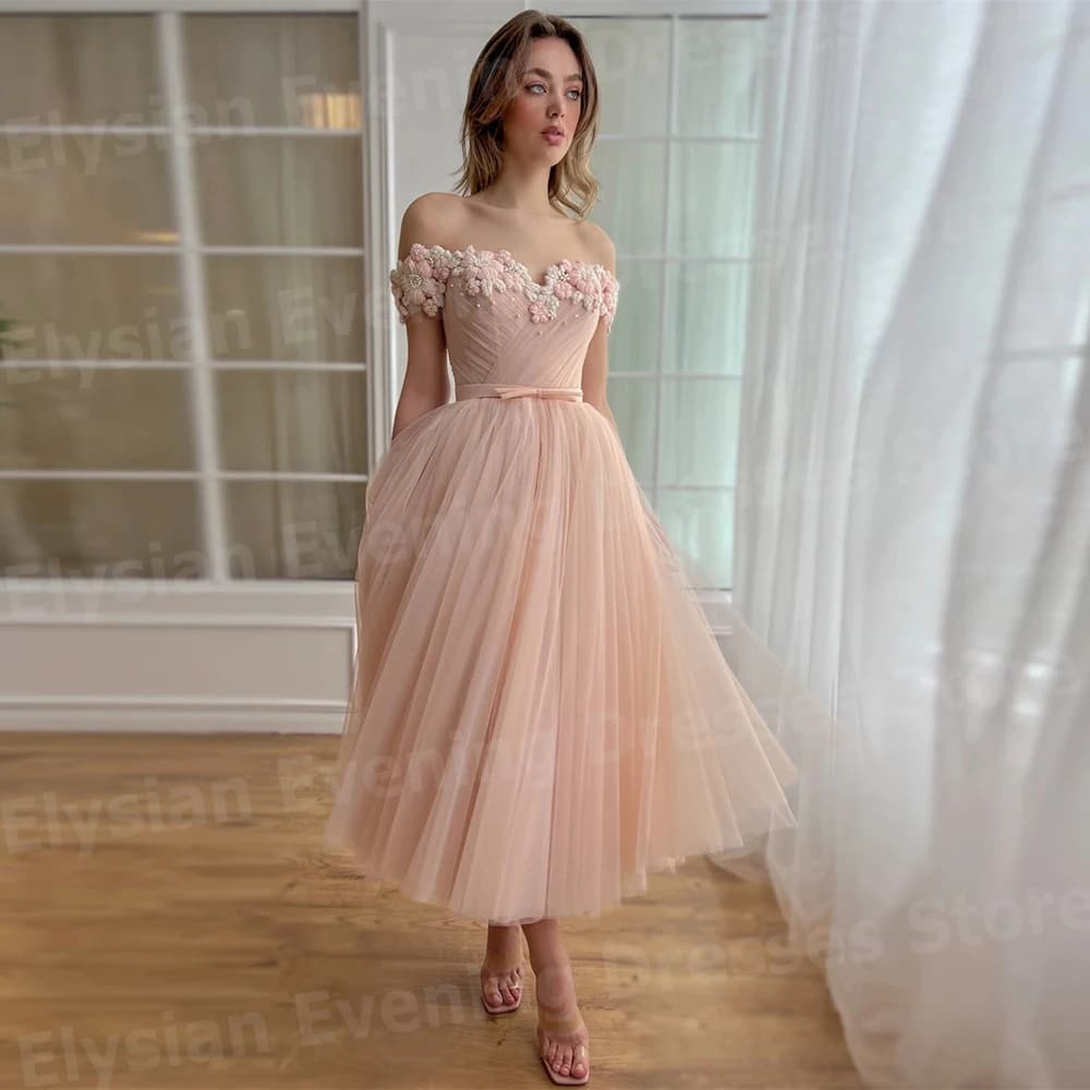 Beautiful A Line Women's Evening Dresses Off The Shoulder Prom Gowns Sleeveless Flower Backless Customized Vestidos De Fiesta