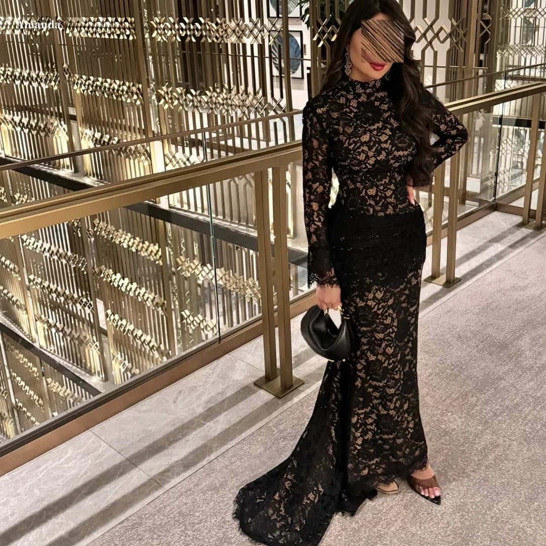 Amanda Customized Black Formal Evening Dress Prom Dress High Neck Long Sleeve Lace Mermaid With Train Vestidos De Noche Elegant