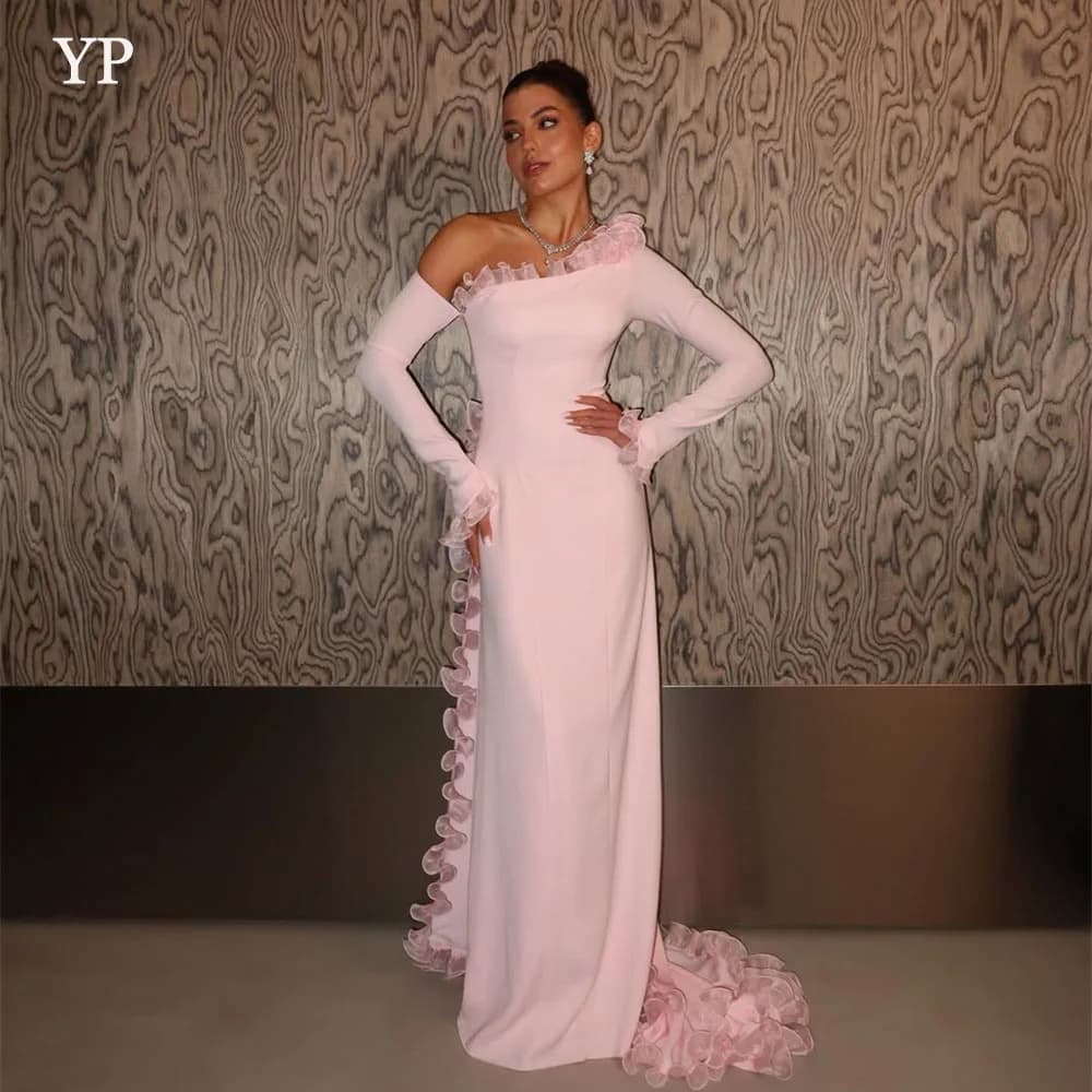 YP Elegant Pink Ruffle Arabia Evening Dresses One-Shoulder Full Sleeve Party Dresses Mermaid Long Special Event Dress Customized