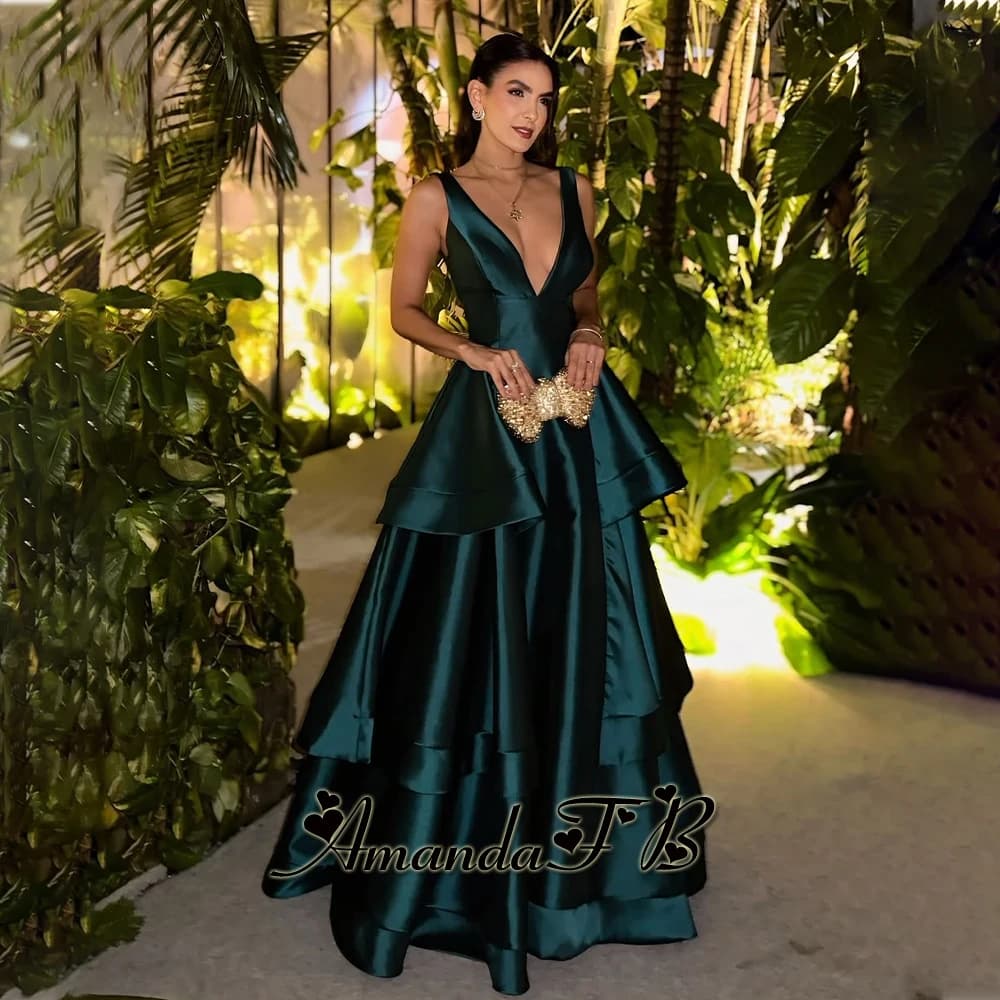 Amanda Trendy Deep V-neck Evening Dress Sleeveless Satin Backless Ruffles A-line Formal Party Gown Vestidos De Festa Customized