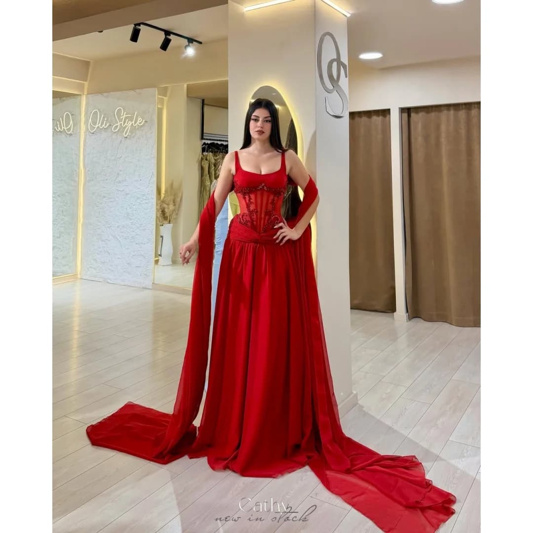 Cathy Customized Red Sweetheart Neck Prom Dress Detachable Train vestidos de noche Ball Gown Empire Waist Evening Dresses 2026