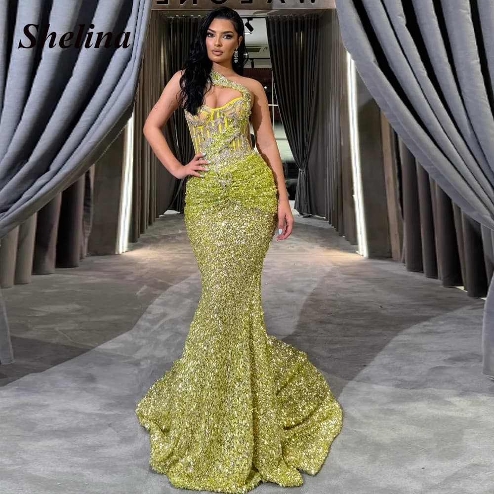 Shelina Shiny Sequins Evening Dress One-shoulder Rhinestones Sweetheart Sleeveless Pageant Vestidos De Gala Customized