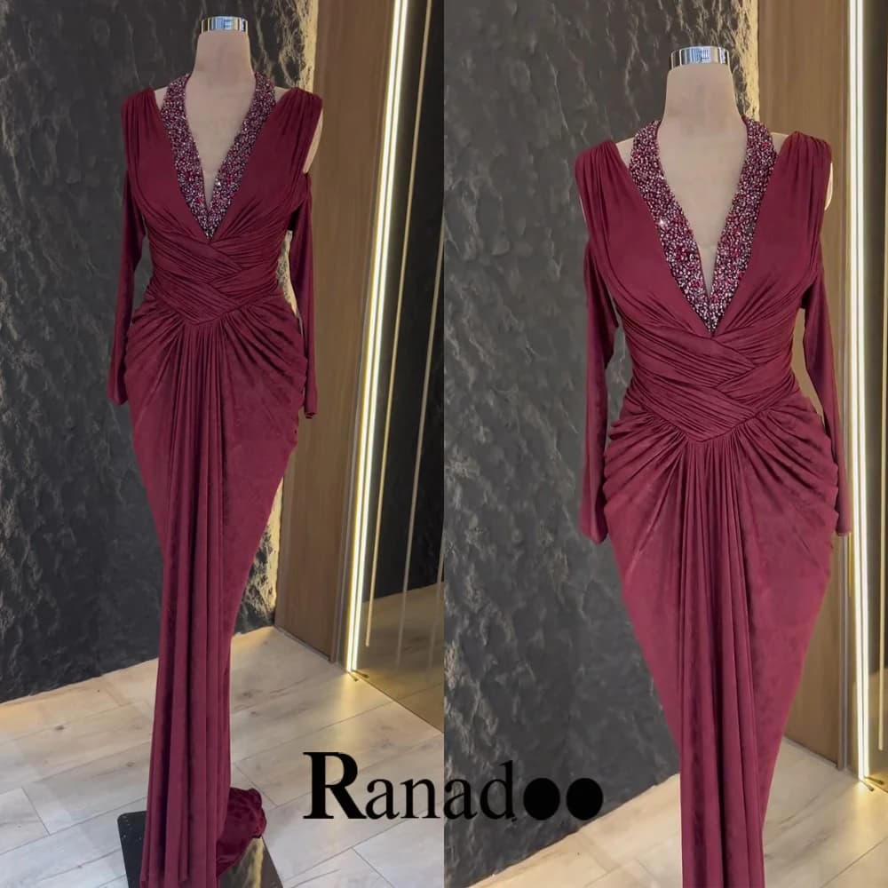 Ranadoo Luxury Full Sleeves Beaded Pearls Rhinestones Straight Ruched Pleated Halter Evening Dress Vestidos De Gala Customized