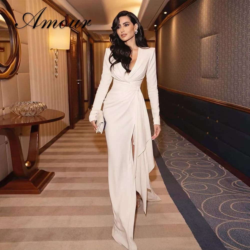 Amour Long Sleeve Formal Gown Deep V Neck Prom Dresses with Sexy High Slit Evening Dresses Ruched Modern Style Customized 2026