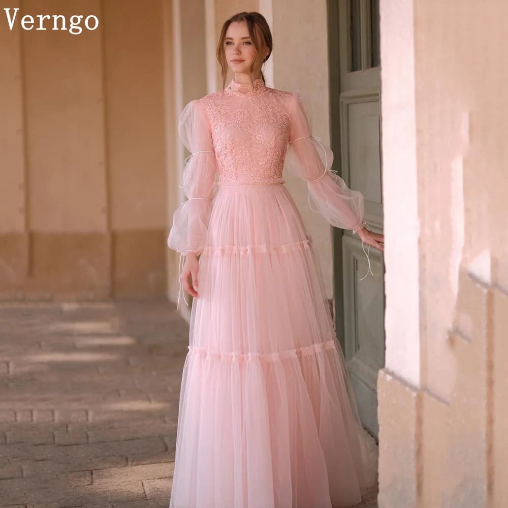 Verngo Blush Pink Tulle Evening Dress Elegant Lace A Line Formal Occasion Dresses Botton Maxi Wedding Party Dress Customized