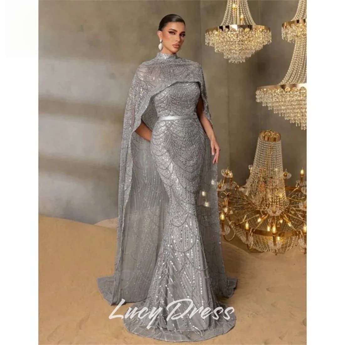 Lucy Sequin High Silver Mermaid Evening Dress 2026 Prom Dress Women's Ladies Custom Made Sequined Customized платье вечернее