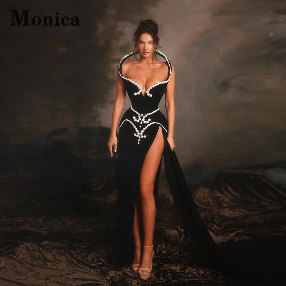 MONICA Fancy Beads Prom Dresses for Women Trumpet Slit Velvet Deep V-Neck Evening Gowns Vestidos De Fiesta Customized Plus