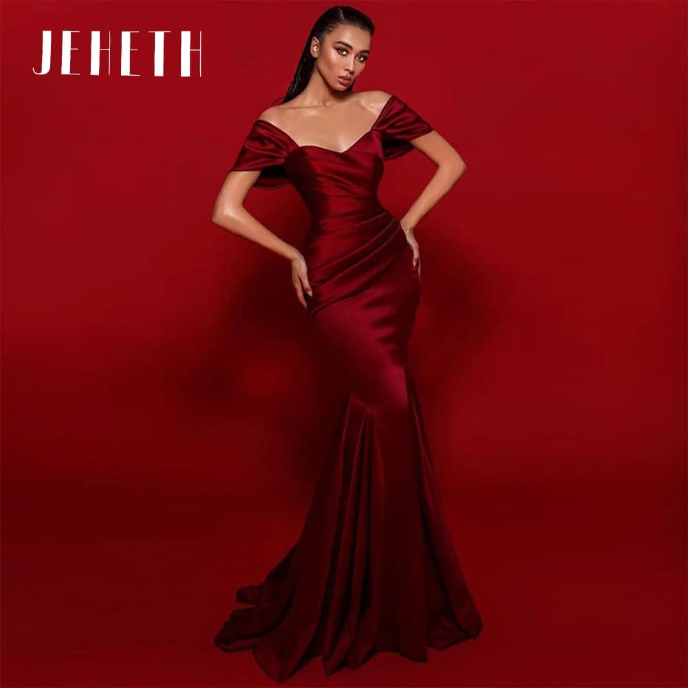 JEHETH Mermaid Off Shoulder Evening Dresses Woman Elegant Party Customized Burgundy Satin Long Pleat Prom Dress Formal Dubai