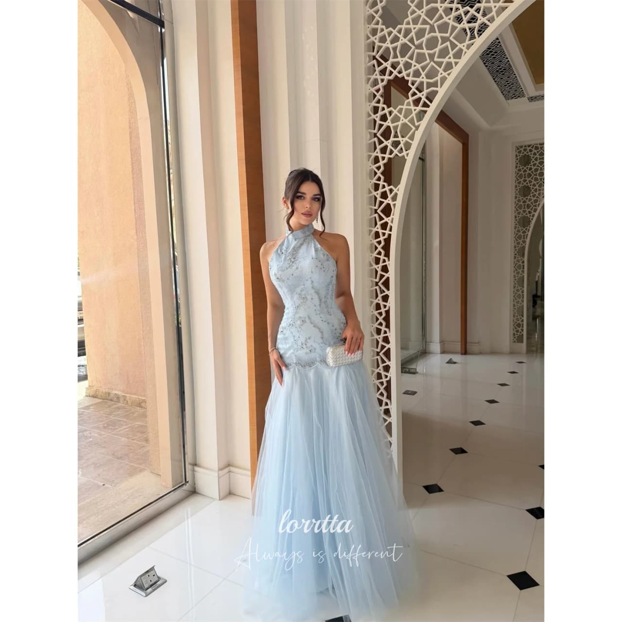 Lorrtta Tulle Halter Sky Blue Mermaid Evening Dress 2026 Prom Dress Appliques Premium Designer Customized Robes de Soirée