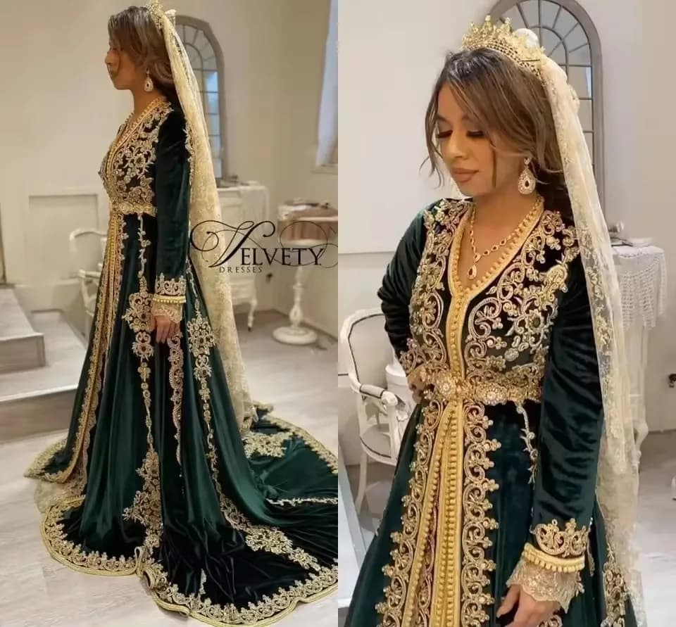 Luxury Moroccan Kaftan Evening Dress Emerald Green Long Sleeve Islamic Prom Dresses Velvet Applique Vestido De Noiva Customized