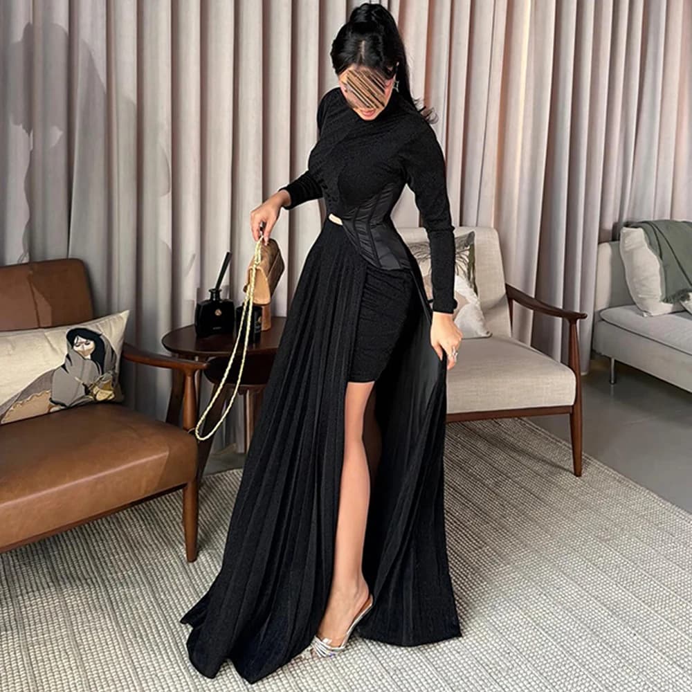 Temperament Black Jersey Evening Dress Elegant Long Sleeves Celebrity Gowns Delicate Beading Customized Party Dresses