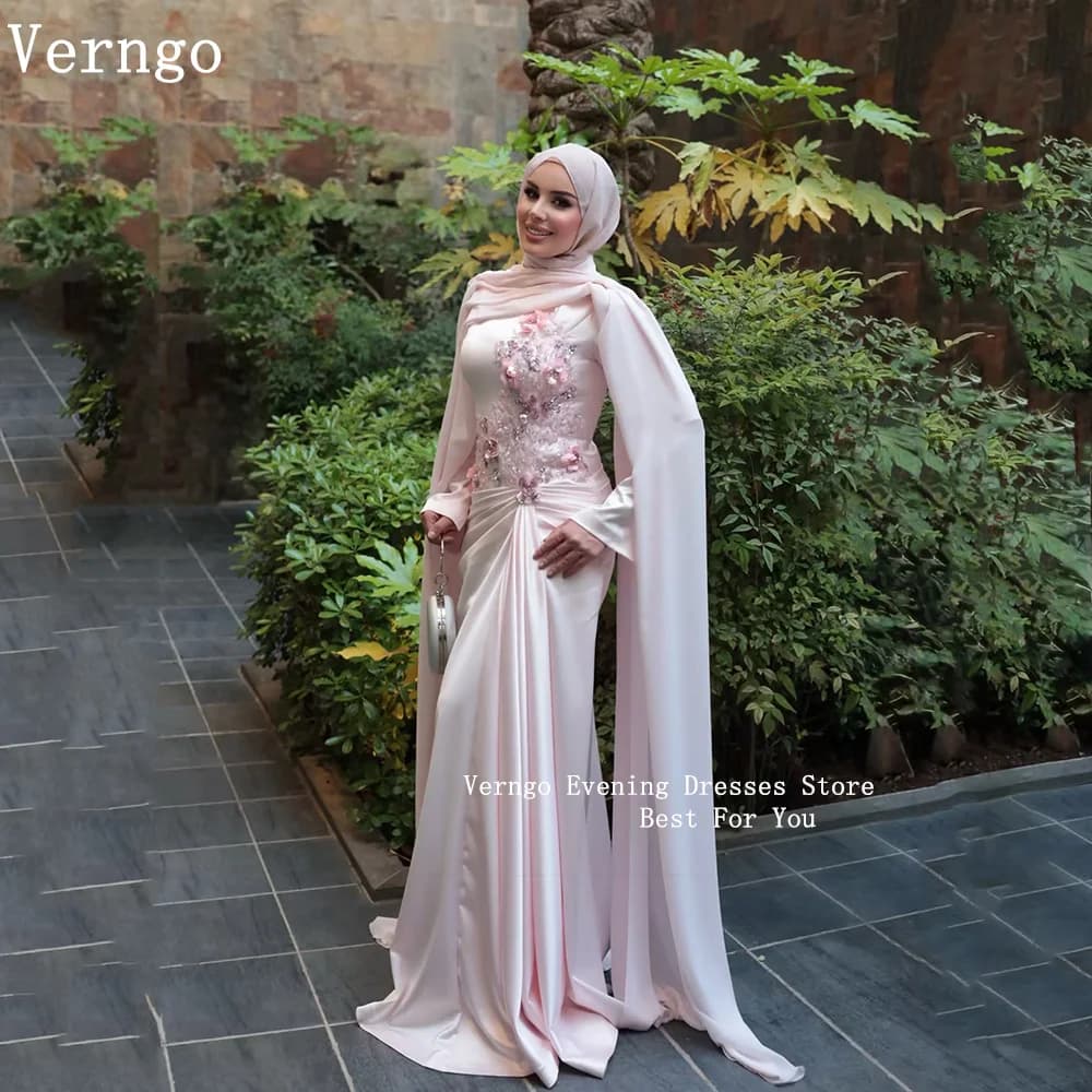 Verngo Pink Chiffon Appliques Evening Dress O Neck Full Sleeves Mermaid Pleated Party Dresses Women Modest Prom Gown Customized