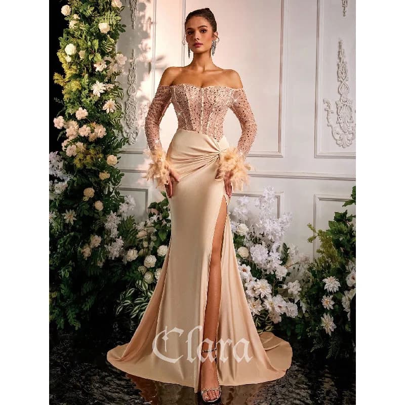 Clara Sparkly Beaded Satin Mermaid Prom Evening Dresses Long Sleeves Sequin Feather Formal Party Gown Cocktail Dress