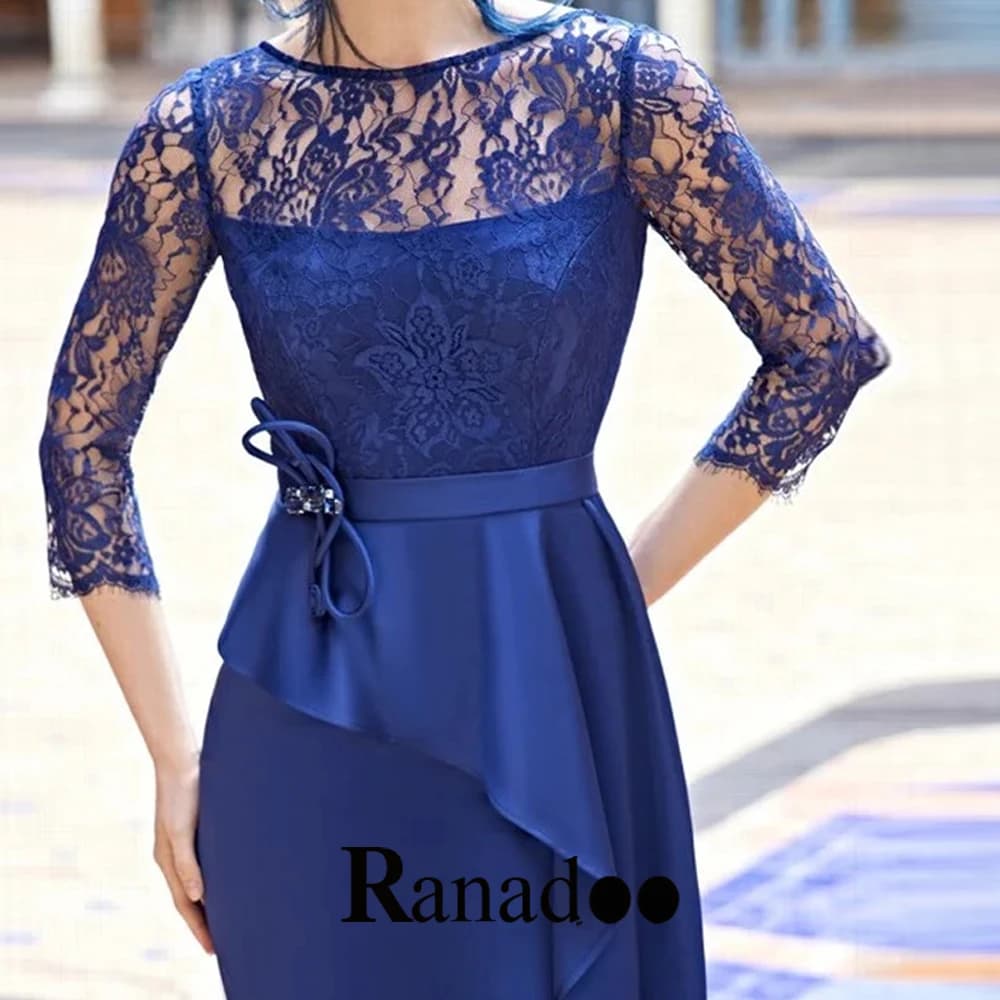 Ranadoo Fashionable Lace Appliques Evening Dress for Women Belt Three Quarter Pleated Kuwait Vestidos De Noche Customized