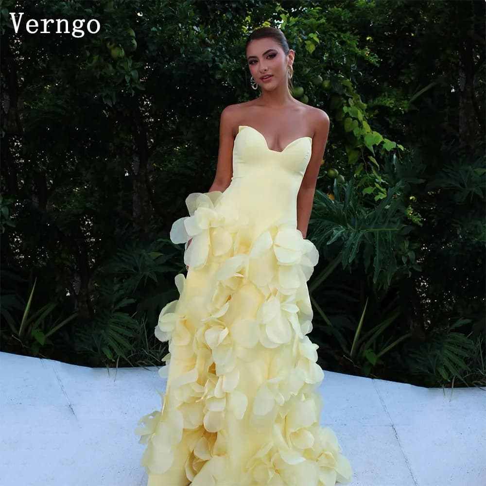 Verngo Blush Yellow Elegant Prom Gown 3D Flowers Sweetheart Mermaid Evening Dresses Side Slit Prom Dress Customized
