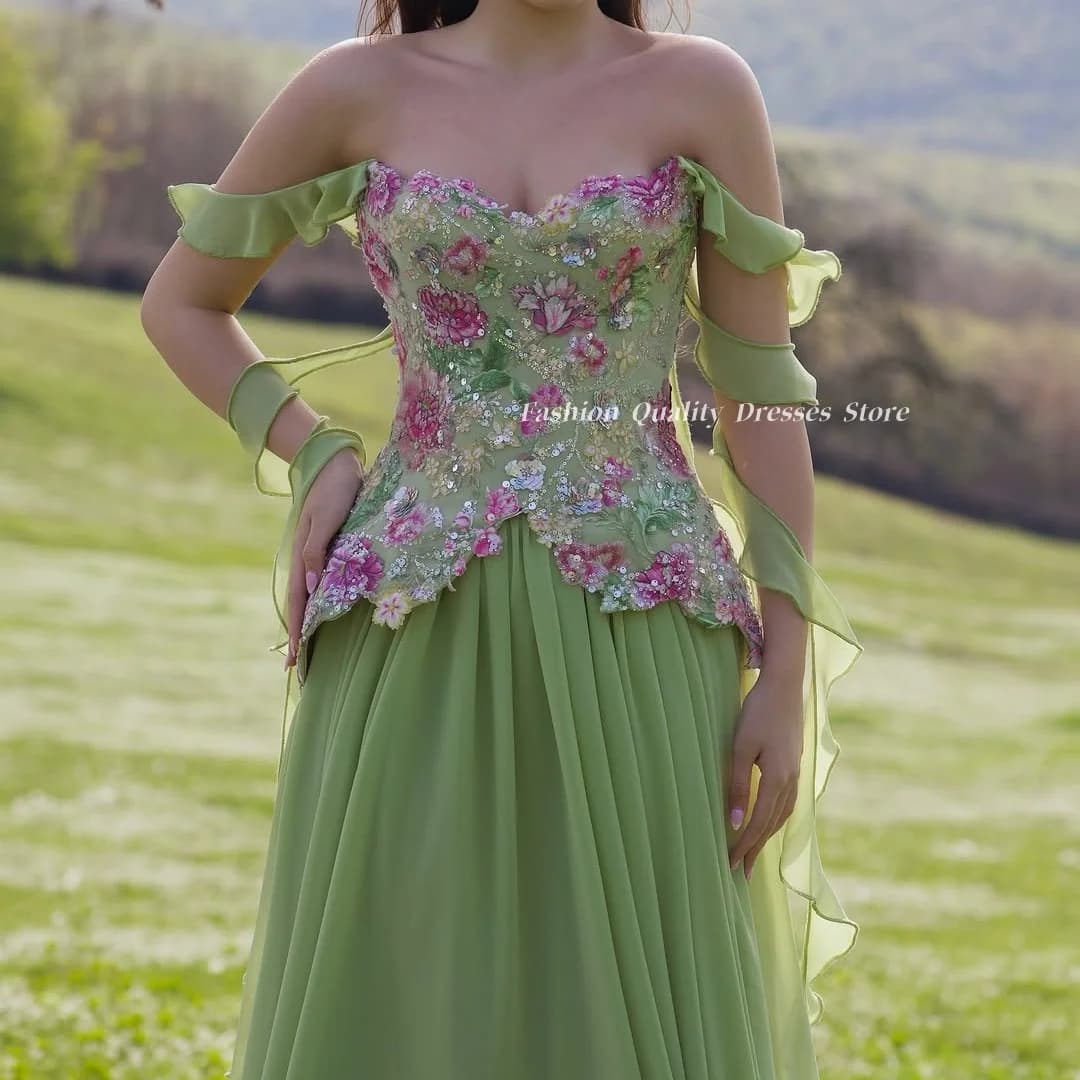 Evening Dresses Women 2026 Green Floral Beaded Off Shoulder Chiffon Formal Party Gown Prom Dress Платье Вечернее Customized