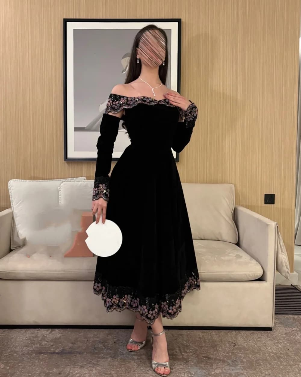 Customized High Quality Women Formal Dress Off-the-shoulder Handmade Flower Beading A-line Prom Dresses Classic Midi Dresses