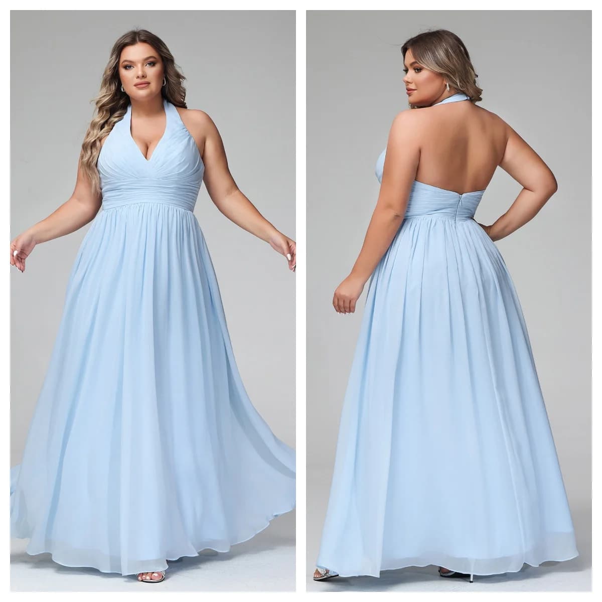 Plus Size Women's Candy Color Bridesmaid Dresses V-Neck Sleeveless A Line Chiffon Floor Length Formal Dress Wedding