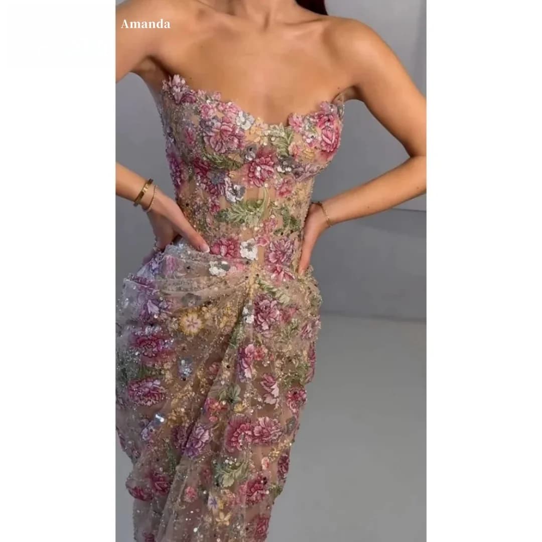 Amanda Customized Floral Embroidery Sequin Prom Dress Sweetheart Neck Sleeveless Formal Evening Gown vestidos de noche Mermaid