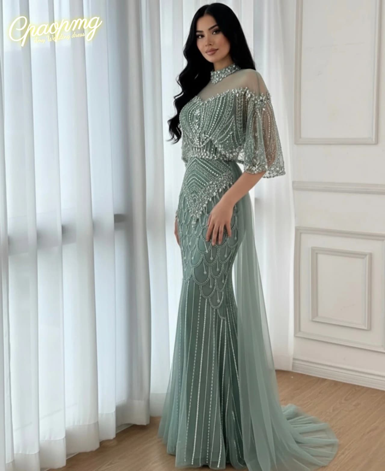 Customized Luxurious green Dubai Arab beaded evening gowns and skirts for formal occasions