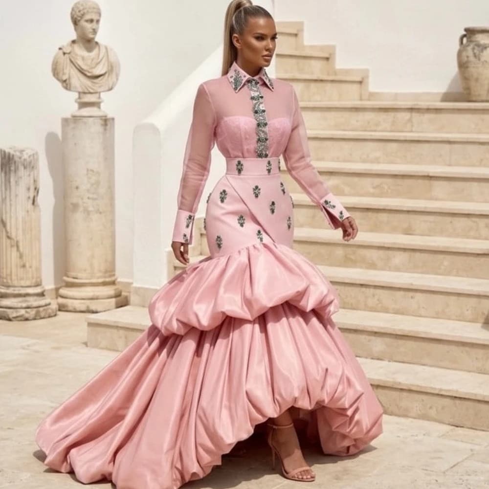 Modern Customized Formal Party Dresses Floor Length Women's Evening Dresses Mermaid Long Sleeves Beading Prom Wedding Dress