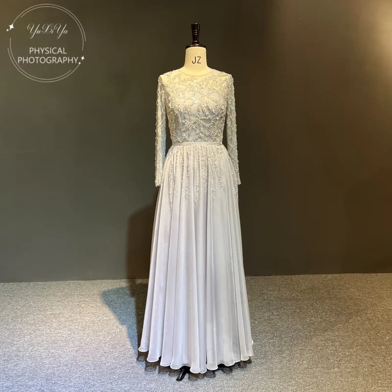 Z0282 customized 100%Real Photos فساتين السهرة Gray Chiffon Luxury Beads Aline  Formal Prom Party Dance Bridal Evening Dress