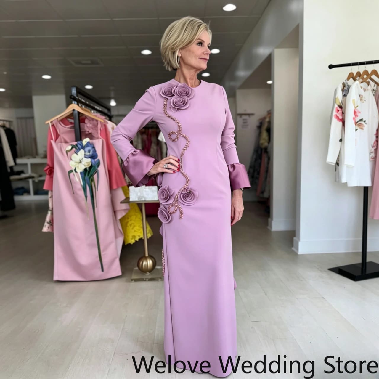 Elegant Lavender Formal Evening Gown featuring a round neckline, long sleeves with flared cuffs, and intricate 3D rose appliqués