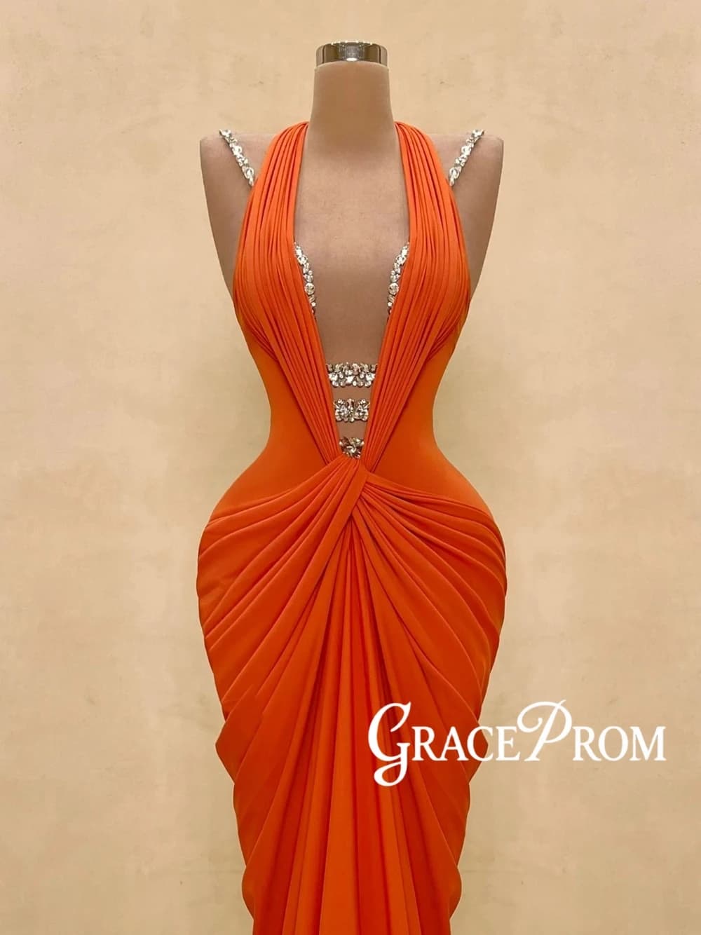 GRACEPROM Organge Sexy Halter Evening Dress Simple Modern Sequined Mermaid Prom Gown Pleated Satin Party Galas Cocktail Wear