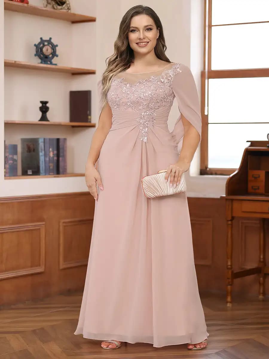 Plus Size Mother of the Bride Dress for Women Lace Applique Pleated Scoop Chiffon Formal Wedding Guest Party Dresses