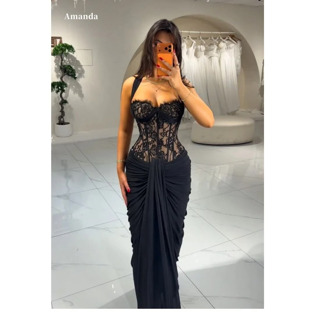 Amanda Customized Prom Dress vestidos de noche Formal Evening Black Lace Corset Ruched Chiffon Mermaid Long Formal Gown Women