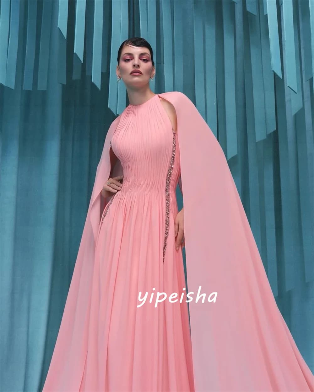 Customized Exquisite Formal Chiffon Pleat Beading Sequined A-line High Collar Long Dresses Evening Dresses For Wedding Party