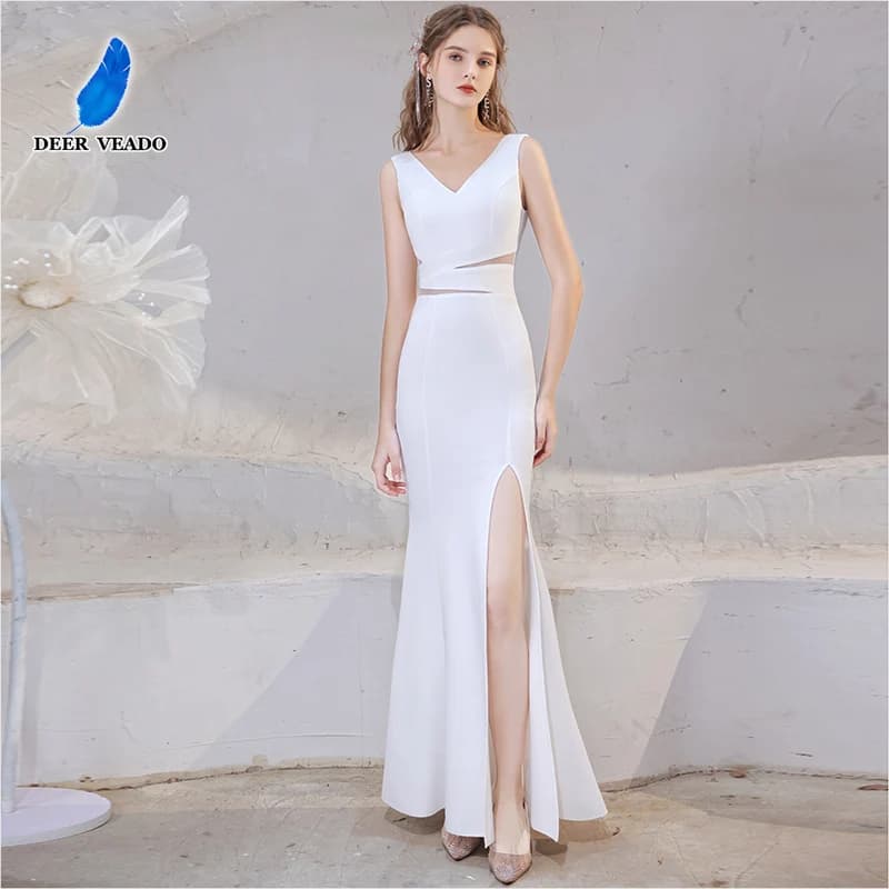 DEERVEADO Women's Elegant Mermaid Evening Dresses Long Simple Design Wedding Party Dresses Prom Gowns