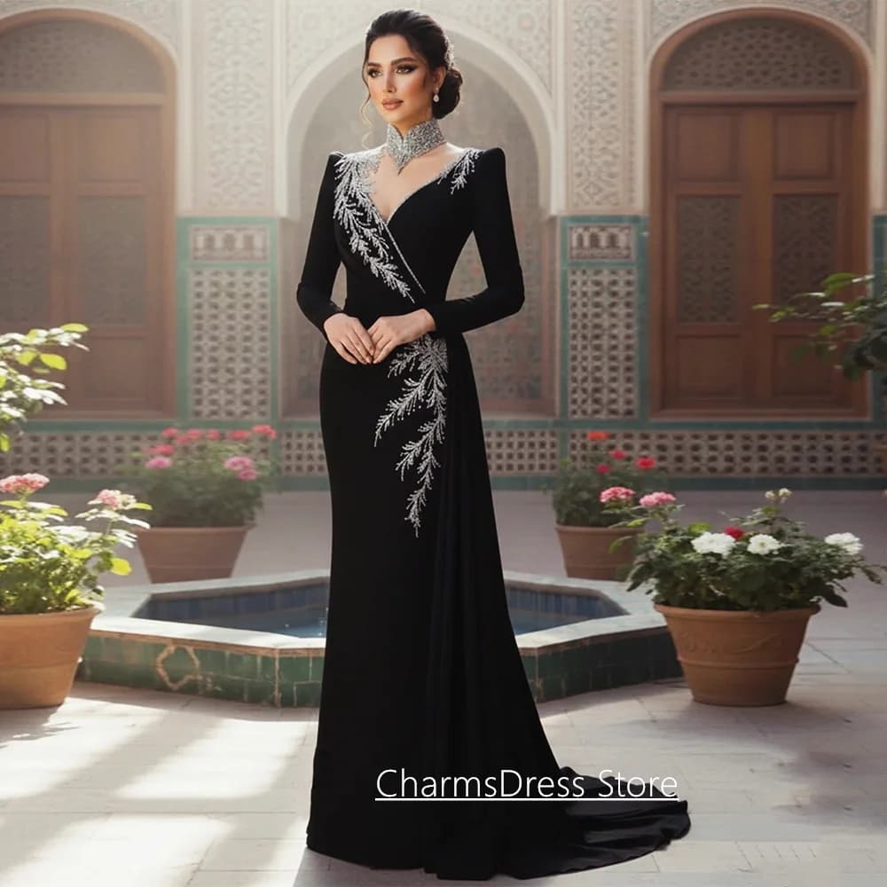Fashion Evening Dress Mermaid Customized V Neck Long Sleeves Beading Sequined Sweep Train Black Prom Gown Pageant Dresses