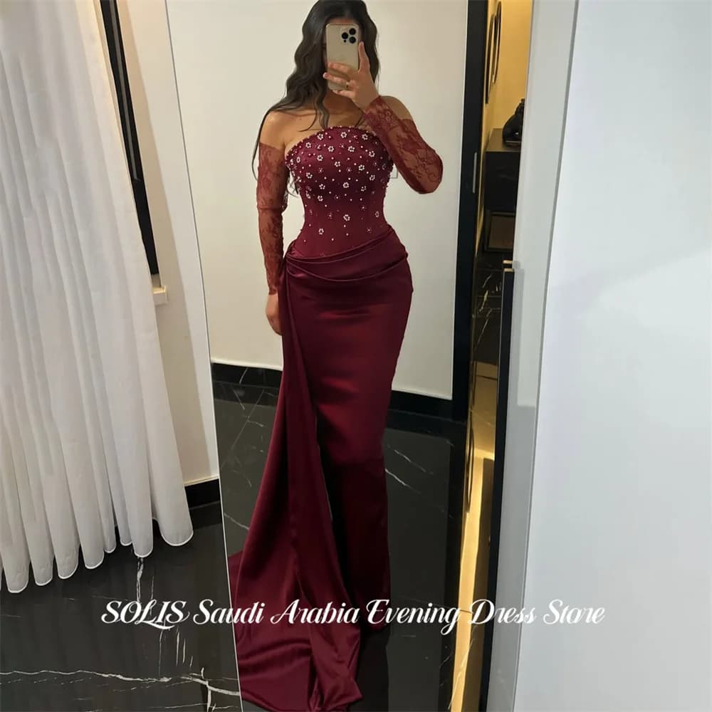 SOLIS Burgundy Evening Dress Detachable Sleeves Prom Dress Strapless Party Formal Gown Pleated robe de bal Wrap Hips Customized