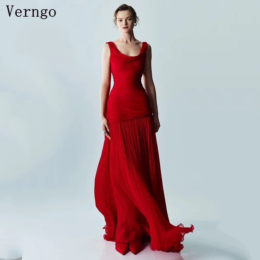 Verngo Red Evening Dress Elegant Spaghetti Straps A Line Prom Dress Flowing Hand-pleated Silk Prom Party Dress Customized