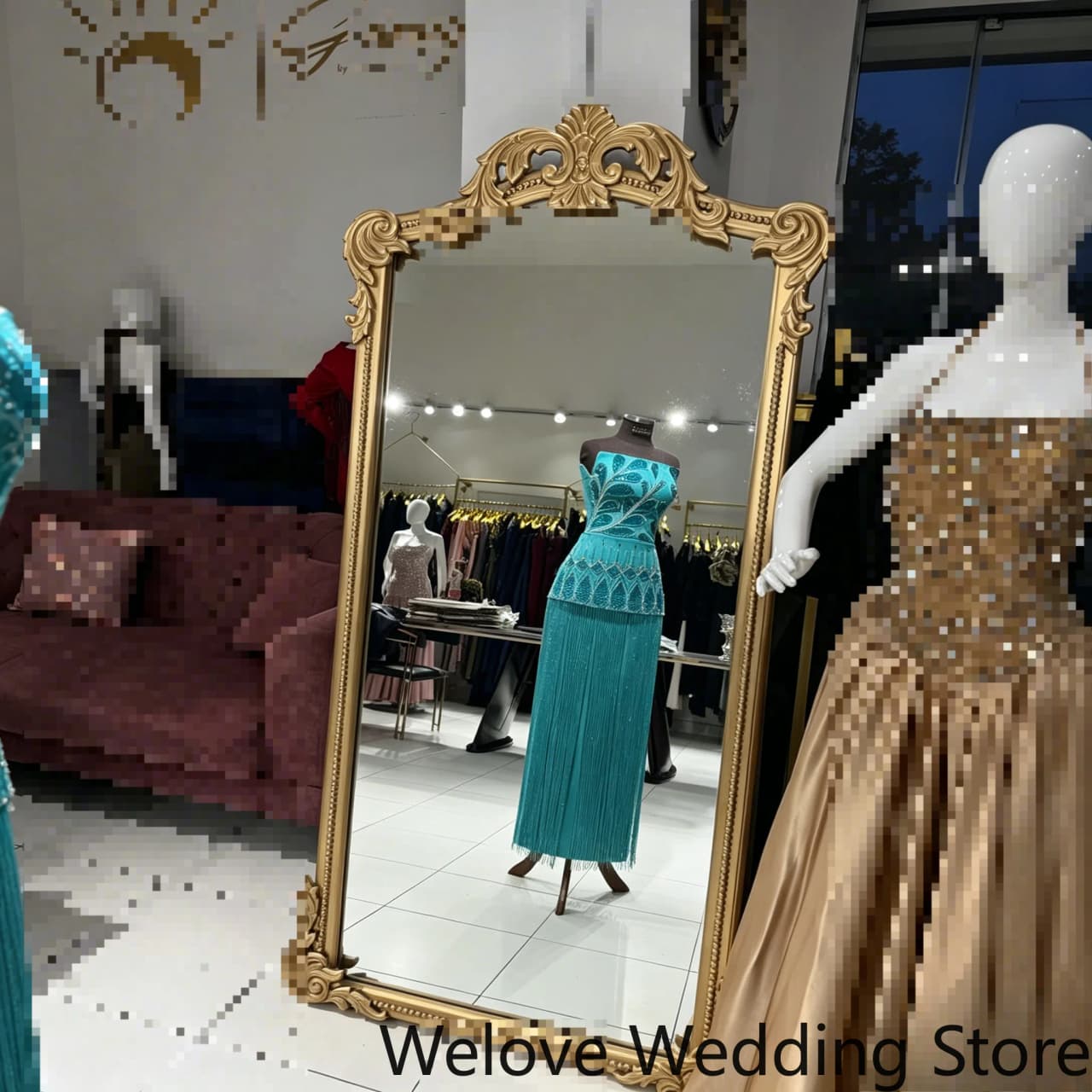 Customized Stunning Turquoise Formal Evening Gown featuring a strapless design, an intricately beaded leaf-patterned bodice