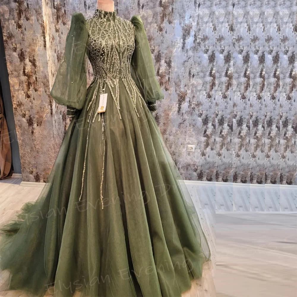 Classic Green A Line Evening Dresses Women Generous High Neck Customized Prom Gowns Long Sleeve Beaded فساتين سهره نسائيه فخمة