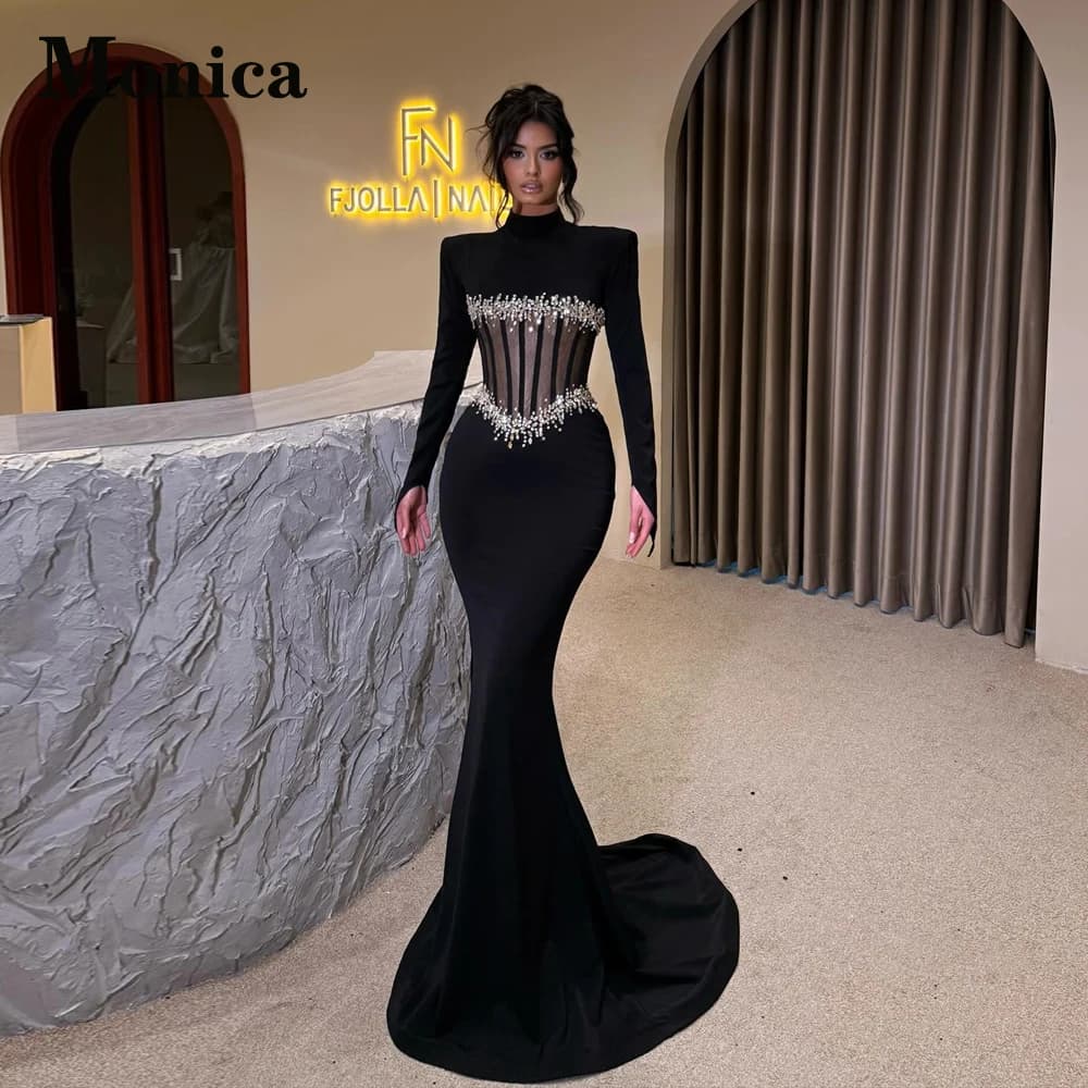 MONICA Attractive Trumpet Prom Dresses for Women High-Neck Rhinestones Mermaid Birthday Vestido de Formatura Customized Plus