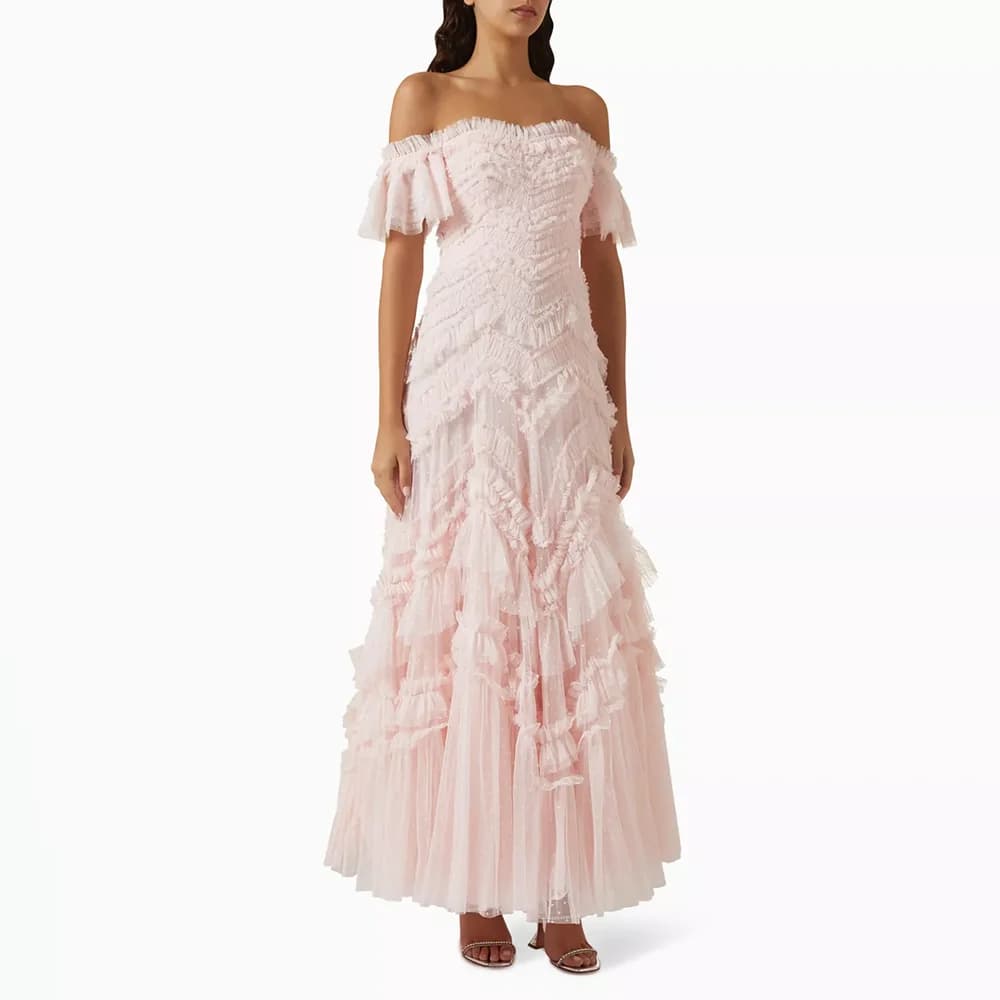 Pink Evening Dress Off The Shoulder Tulle Pleat A Line Evening Gown for Women 2026 Ankle Length Wedding Party Dress Customized