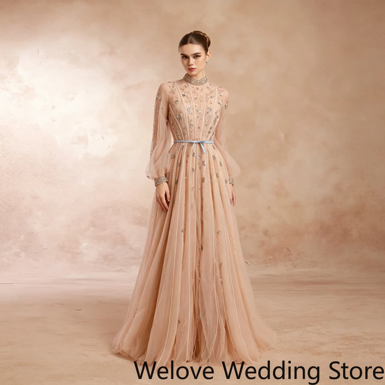 Customized Elegant Tulle Formal Gown Featuring Rhinestone Embellished High Neckline Allover Scattered Silver Sequins & Beadwork